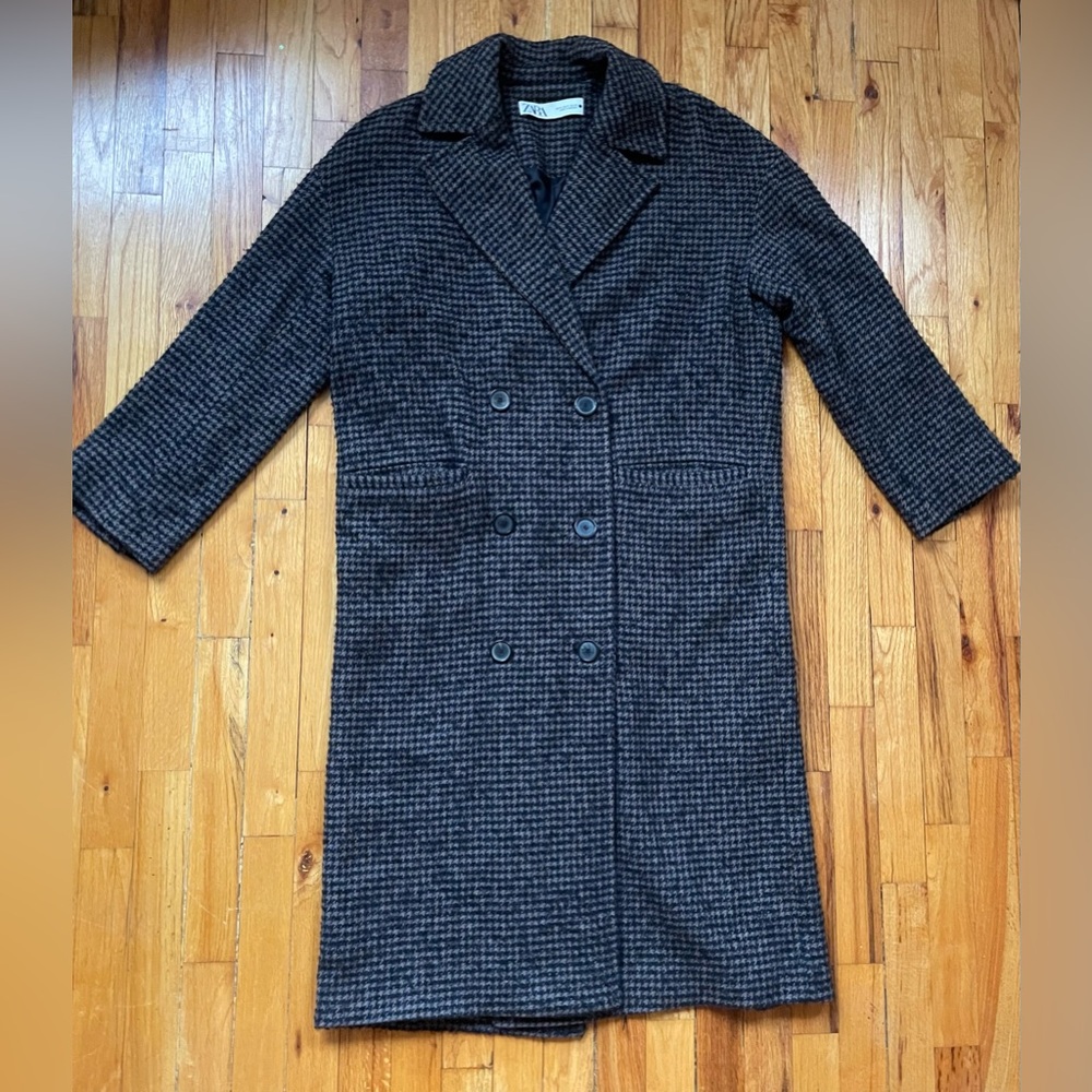 Zara Black and Navy houndstooth long coat
